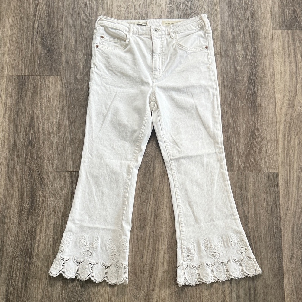 Pilcro and the Letterpress White Cropped Flare Jeans with Lace Trim